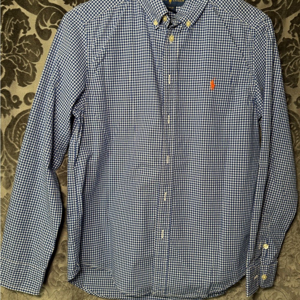 Ralph Lauren kids boys checkered blue & white Blue Gingham Shirt Sz l 14/16
